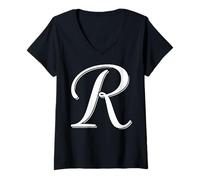 Women's Fancy Italic Initial Cute Letter R English Alphabet Monogram V-Neck T-Shirt