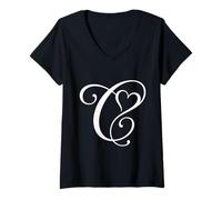 Women's Fancy Italic Initial Letter C Name Monogram Heart Graphic V-Neck T-Shirt