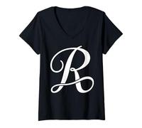 Women's Fancy Italic Initial Letter R English Alphabet Name Monogram V-Neck T-Shirt