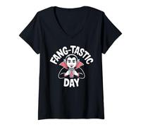 Womens Fang-Tastic Day Vampire Sipping Colorful Drink Halloween V-Neck T-Shirt
