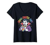 Womens Fang-Tastic Day Vampire Sipping Colorful Drink Halloween V-Neck T-Shirt