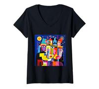 Womens Fantasy Abstract Faces Shapes V-Neck T-Shirt
