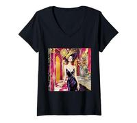 Womens Fantasy Art Deco Lady V-Neck T-Shirt