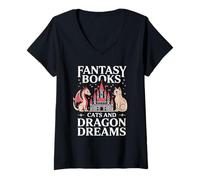 Women's Fantasy Book Cats and Dragon Dreams - Bookish Creatures V-Neck T-Shirt