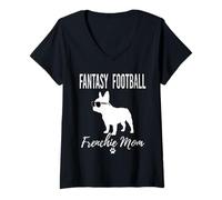 Womens Fantasy Football Frenchie Mom Shirt Funny Fantasy Fan Dog V-Neck T-Shirt