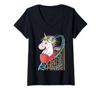 Womens Fantasy Graphic Design Roller Coaster Unicorn Amusement Park V-Neck T-Shirt