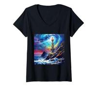 Womens Fantasy Iron Lighthouse Cliff V-Neck T-Shirt