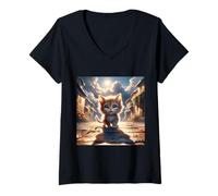 Womens Fantasy Kitten Road City V-Neck T-Shirt