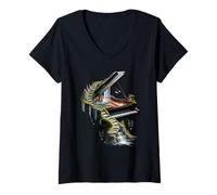 Womens Fantasy Nature Piano Staircase Waterfall Musical Escape V-Neck T-Shirt