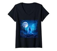 Womens Fantasy Wolf Double Exposition V-Neck T-Shirt