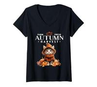 Womens Farm Fresh Autumn Harvest Fall Woodland Creature Kitty Cat V-Neck T-Shirt