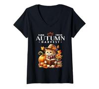 Womens Farm Fresh Autumn Harvest Fall Woodland Creature Kitty Cat V-Neck T-Shirt