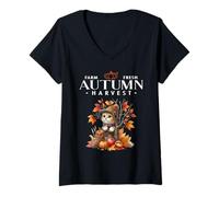 Womens Farm Fresh Autumn Harvest Trendy Woodland Kitty Cat Fall V-Neck T-Shirt