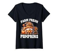 Womens Farm Fresh Pumpkins and Autumn Gnome for Teacher Fall Season V-Neck T-Shirt