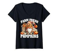 Womens Farm Fresh Pumpkins Gnome Graphic Women Cute Pumpkin Truck V-Neck T-Shirt