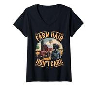 Womens Farm Hair Don't Care Agriculture Farm Rancher Farming Farmer V-Neck T-Shirt