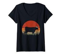 Women's Farmer Cow Sunset Floral Cattle Ranch Vintage Art V-Neck T-Shirt