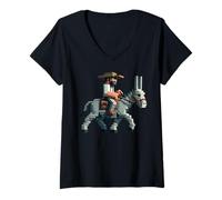 Womens Farmer Riding Donkey Block Style for Boys Girls Gaming Pixel V-Neck T-Shirt