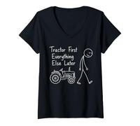 Women's Farming Humor Tractor First Everything Else Later Farmer V-Neck T-Shirt
