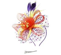 Womens Fascinator Hat with Mesh Flower and Feathers Elegant Hair Clip Tea Party Wedding Headband British Style Ladies Hats for Races Church Cocktail Events Formal Occasions (Orange, One Size)