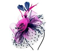Womens Fascinator Hat with Mesh Flower and Feathers Elegant Hair Clip Tea Party Wedding Headband British Style Ladies Hats for Races Church Cocktail Events Formal Occasions (Navy, One Size)