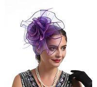Women's Fascinator Hat With Organza Flower and Feather - Wedding, Tea Party, Derby, Ascot Headpiece - Flapper Pillbox Style With Headband and Hairclips - Purple