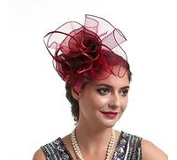 Women's Fascinator Hat With Organza Flower for Wedding, Tea Party, Derby, Ascot - Flapper Pillbox Style With Headband and Hairclips - Wine Red