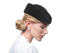 Womens Fascinators Hats Vintage 60s Wool Cap Stewardess Pillbox Hat Teardrop Cocktail Fascinator Base Hair Clip, Black, M