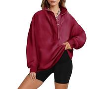 Womens Fashion 2025 Sweatshirt Casual Long Sleeve V Neck Snap Button Pullover Sweatshirt Loose Fit Comfy Activewear (UK, Alpha, XL, Regular, Regular, Wine)