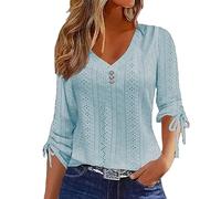 Womens Fashion Blouse Women's Long Sleeve Fashion Fitted Shirts Adjustable Sleeve V Neck Casual Loose Solid Color Dressy Tops Linen Top Womans Party Tops for Women Uk Clearance Blue
