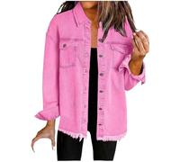 Womens Fashion Boyfriend Denim Jacket Oversized Distressed Raw Hem Vintage Jean Coats Button Down Trucker Shacket Hot Pink