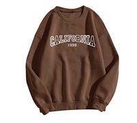 Women's Fashion California Sweatshirts Loose Fitting Crew Neck Loose Fit Sweaters California 1988 Solid Long Sleeve Graphic Letter University Tops Fall Trendy Crewneck Sweatshirts Brown