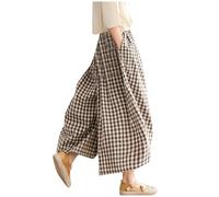 Womens Fashion Clothes Ladies Cotton Linen Trousers Elasticated Waist Checked Printed Palazzo Pants Lightweight Baggy Trousers Skirt Casual Bottoms for Spring Summer Coffee