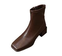Women's Fashion Elastic Square Toe Side Zipper Comfort Low Heel Ankle Booties Simple Winter Ankle Boots Square Toe Block Heel Boots British Style Mid Heeled Boot (Brown, 5)
