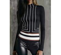 Women's Fashion Fitted Long Sleeve Top, Mock Neck Slim fit | Stretchy slim silhouette, geometric contrast lines, accentuate body curve, perfect for dating and office daily look