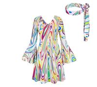 Womens Fashion Floral Dress Vintaged Long Sleeve 60s 70s Disco Hippie 1970 Style Costume Tredny Cowgirl Birthday Prom Bling Evening Party Halloween Mini Dresses with Headband Beige