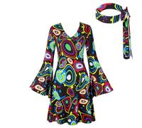 Womens Fashion Floral Dress Vintaged Long Sleeve 60s 70s Disco Hippie 1970 Style Costume Tredny Cowgirl Birthday Prom Bling Evening Party Halloween Mini Dresses with Headband Black