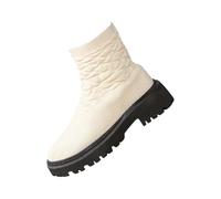 Women's Fashion Fly Weave Short Boots Mesh Thick Sole Short Heel Mid Calf Boots Boots Wide Calf for Women Dress Boot (White, 4)