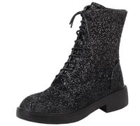 Women's Fashion Glitter Lace-up Sequined Cloth Combat Boots,Gorgeous Comfort Round Toe Flat Side Zipper Booties,Casual Cross Tied Chunky Low Heel Sparkly Ankle Boots