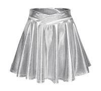 Women's Fashion High Waist Pleated Solid Color Short Skirt Loose Skirt Metallic Skater Skirt Sparkly Shiny Flared Pleated A Line Mini Skort Praise Dance Skirts for Teens Silver