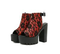 Women's Fashion Lace Platform Chunky Heels Sandals, Comfortable Block Heels for Bride, Prom Night, Runway Party,Red,4.5 UK