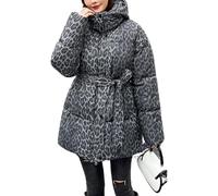 Women's Fashion Leopard Print Hooded Down Jacket Winter Warm Stand-up Collar Windproof Jacket Loose Casual Trend Leopard Print Jacket (Grey,L)