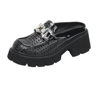 Women's Fashion Loafers Chunky Heel Platform Slip On Round Toe Rhinestone Breathable Cutout Casual Shoes for Daily Outfit & Travel Wear Stylish Design,Black,6.5 UK