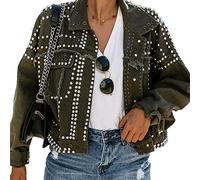 Women's Fashion Long Sleeve Jean Jacket Punk Studded Oversized Denim Jackets,Green,M