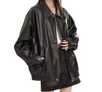 Womens Fashion Long Sleeve Oversized Leather Jacket Vintage Button Zip Up Leather Jacket with Pocket Casual Loose Fit Black Plus Size Long Sleeve Faux Leather Shacket Blazer Moto Biker Carnival Wear