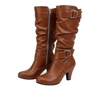 Women's Fashion Low Heel Buckle Zipper Slouchy Ruched Mid-Calf Boots Shoes PU Leather Combat Cowboy Tall Boots Dress Pump Shoes Trendy Brown,Zipper Footwear Size 7.5