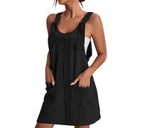 Women's Fashion Pinafore Dresses Sleeveless Square Neck Adjustable Shoulder Strap Overalls Dress Vintage Cami Casual Party A-Line Midi Dress with Pockets Black
