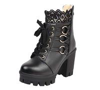 Women's Fashion Pure Colour Lace High-Heeled Ankle Boots - Black - 11