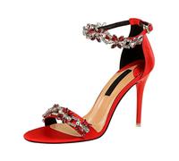 Women's Fashion Sandals Ankle Strap Rhinestones Ankle Strap Open-Toe 9CM (Red,5.5)