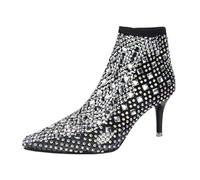 Women's Fashion Sexy Pointed Toe Ankle Boots with Rhinestone Fine Heel for Party Evening Wear Comfortable Stylish Footwear (Black, 6)